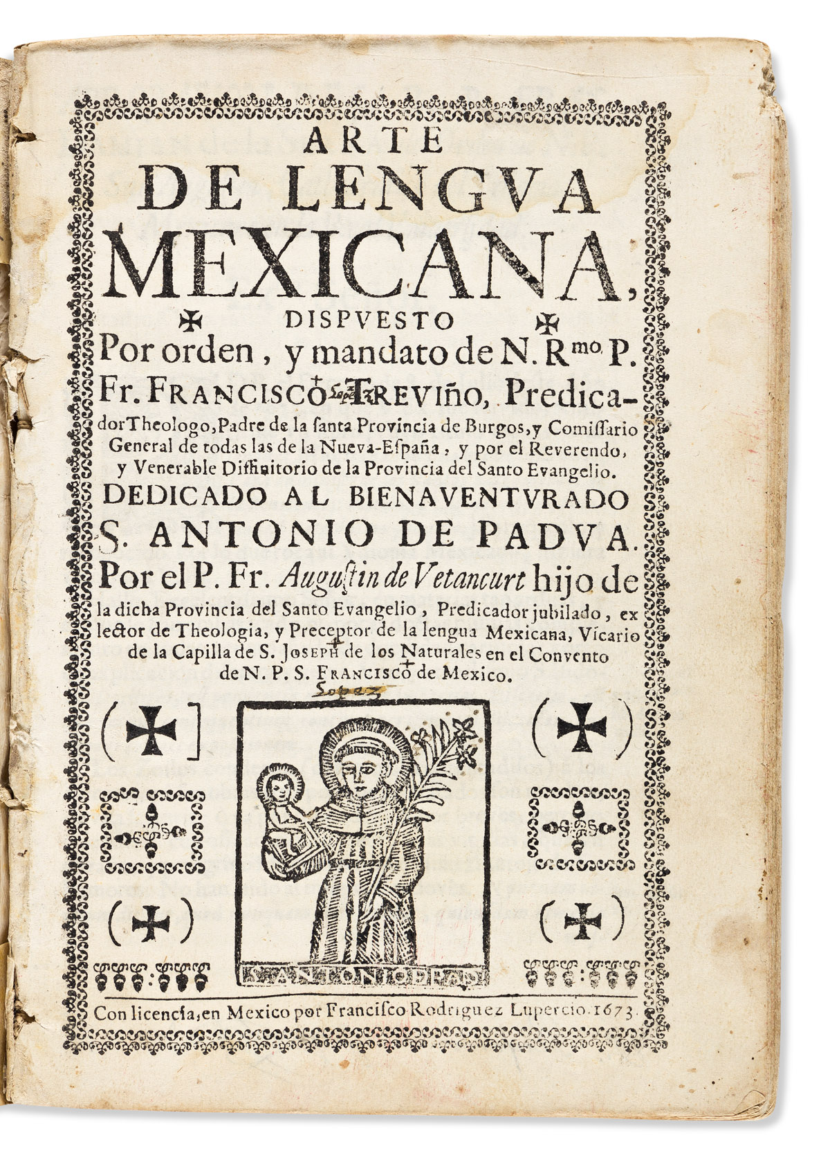 (MEXICAN IMPRINT--1673.) Agustín de Vetancurt. Arte de lengua mexicana.